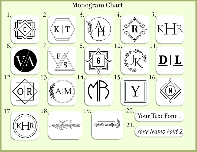 May include: A chart with 21 different monogram designs. Each design is in a square or circle and features different fonts and styles. The chart is titled "Monogram Chart".