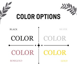 Op de afbeelding: Kleuropties voor een product, met vier kleurstalen: zwart, zilver, ros&eacute; goud en goud. De tekst "COLOR OPTIONS" staat bovenaan de afbeelding.