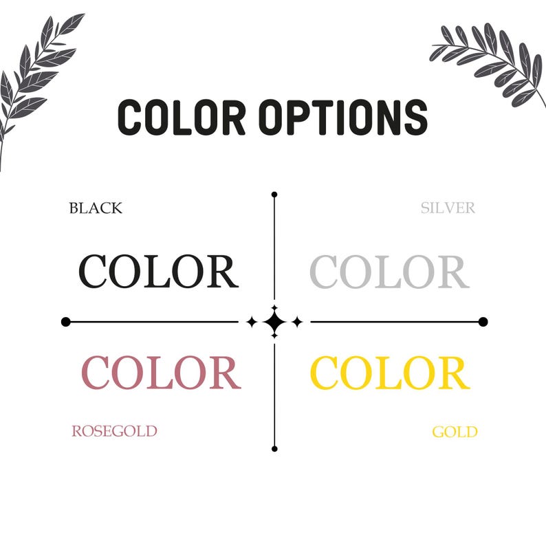 Op de afbeelding: Kleuropties voor een product, met vier kleurstalen: zwart, zilver, ros&eacute; goud en goud. De tekst "COLOR OPTIONS" staat bovenaan de afbeelding.