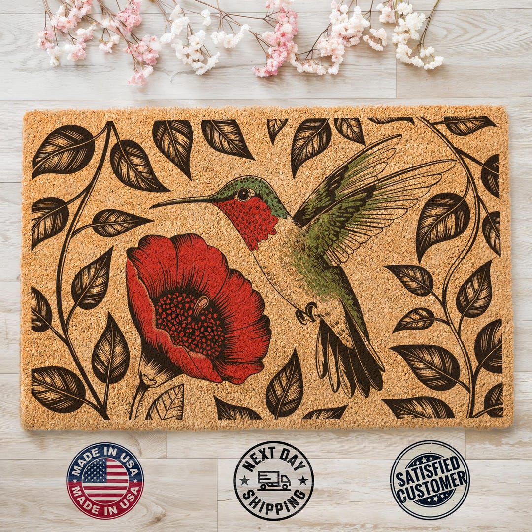 Hummingbird Welcome Mat Floral Hummingbird Doormat, Poppy Flower Doormat, Elegant Home Decor ...
