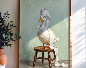 Toilet Paper Duck Art Print, Funny Farm Animal Print, Guest Bathroom Wall Decor