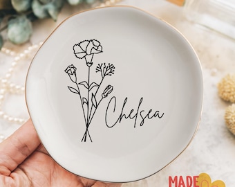 Personalized Birth Flower Ring Dish, Flower Ring Dish, Jewelry Holder, Birthday Gift, Ceramic Dish, Floral Gift, Jewelry Storage, Home Gift