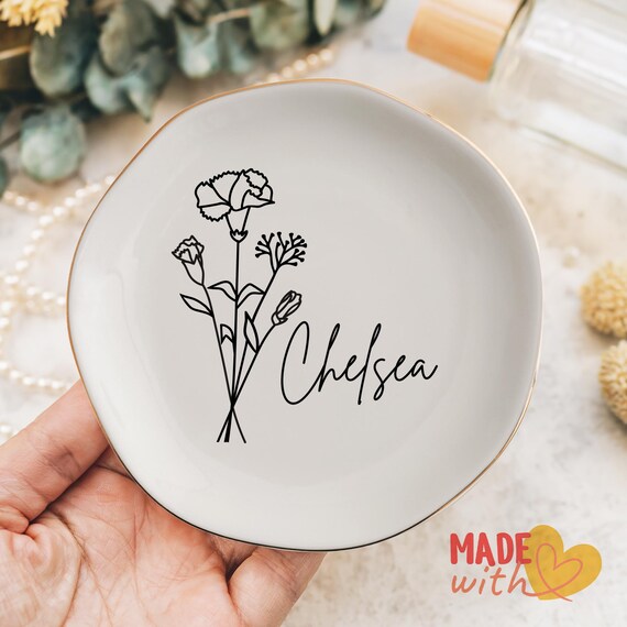 Personalized Birth Flower Ring Dish, Flower Ring Dish, Jewelry Holder, Birthday Gift, Ceramic Dish, Floral Gift, Jewelry Storage, Home Gift