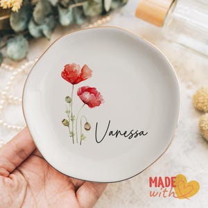 Personalized Birth Flower Trinket Dish, Watercolor Flower Ring Dish, Birthday Jewelry Dish Gift for Friend, Wedding Bridesmaid Gifts