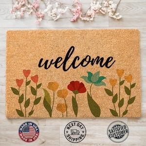 Welcome Floral Doormat, Colorful Doormat, New Home Gift, Home Decoration, Housewarming Gift, Outdoor Mat, Front Door Decor, Coir Doormat