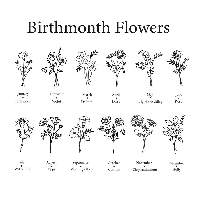 Op de afbeelding: Een zwart-witte illustratie van bloemen die de geboortemaandsbloemen voor elke maand van het jaar voorstellen. De bloemen zijn gerangschikt in twee rijen van zes. De namen van de bloemen en maanden staan ​​onder elke bloem.