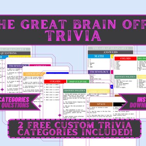 以下が含まれることがあります： 「The Great Brain Off 1」という名前のカラフルな印刷可能なクイズゲームで、12のカテゴリーと98の質問があります。このゲームには、2つの無料のカスタムクイズカテゴリが含まれています。このゲームは、すぐにダウンロードできます。