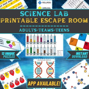 Può includere: Grafica colorata per una escape room stampabile a tema laboratorio scientifico. Il design include il testo "SCIENCE LAB PRINTABLE ESCAPE ROOM" e "ADULTS-TEAMS-TEENS". Presenta anche enigmi, campioni di DNA e strutture molecolari.