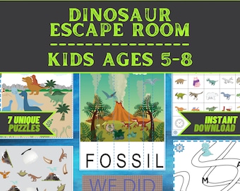 Kids Escape Room Game Kit imprimable - Dinosaur Escape - DIY Party Game pour les 5-8 ans - Installation rapide et est - Puzzles pour enfants - Jeu familial