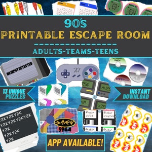 Può includere: Un gioco di escape room stampabile a tema anni '90. L'immagine presenta un collage di icone a tema anni '90, tra cui un controller Super Nintendo, un animale domestico digitale, un floppy disk e un nastro cassette. Il testo "90's Printable Escape Room" è visualizzato in grandi caratteri grassetto nella parte superiore dell'immagine. Il testo "Adults-Teams-Teens" è visualizzato sotto il titolo. Il testo "13 Unique Puzzles" è visualizzato nell'angolo inferiore sinistro dell'immagine. Il testo "Instant Download" è visualizzato nell'angolo inferiore destro dell'immagine. Il testo "App Available!" è visualizzato nel centro inferiore dell'immagine.