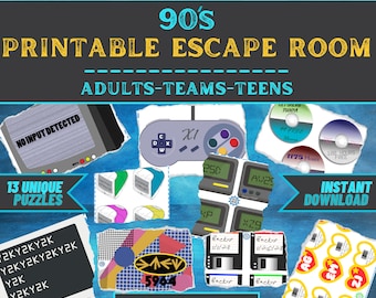 Escape Room Game Printable - 90's Escape - Office Teams, Adults, Teens, Family - DIY Logic Party Puzzle Mystery - Family Game Night