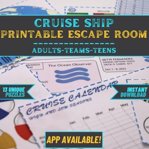 Può includere: Un gioco di escape room a tema nave da crociera stampabile per adulti, squadre e adolescenti. Il gioco presenta 13 enigmi unici ed è disponibile un'app. L'immagine mostra una parte del gioco con un calendario di crociere, una mappa e una carta di informazioni del passeggero.
