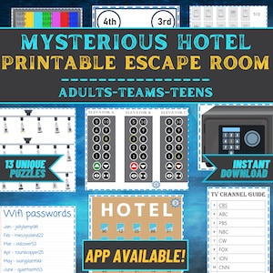Può includere: Un gioco di escape room stampabile con il tema di un hotel misterioso. Il gioco include 13 enigmi unici, una cassaforte, un ascensore, una guida ai canali TV e una camera d'albergo con un elenco di password wifi. Il gioco è progettato per adulti, squadre e adolescenti.