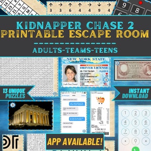 Può includere: Un gioco di escape room stampabile chiamato "Kidnapper Chase 2" per adulti, squadre e adolescenti. Il gioco presenta 13 enigmi unici e un'app è disponibile. L'immagine mostra anche una patente di guida dello stato di New York, una banconota olandese e una ricevuta.