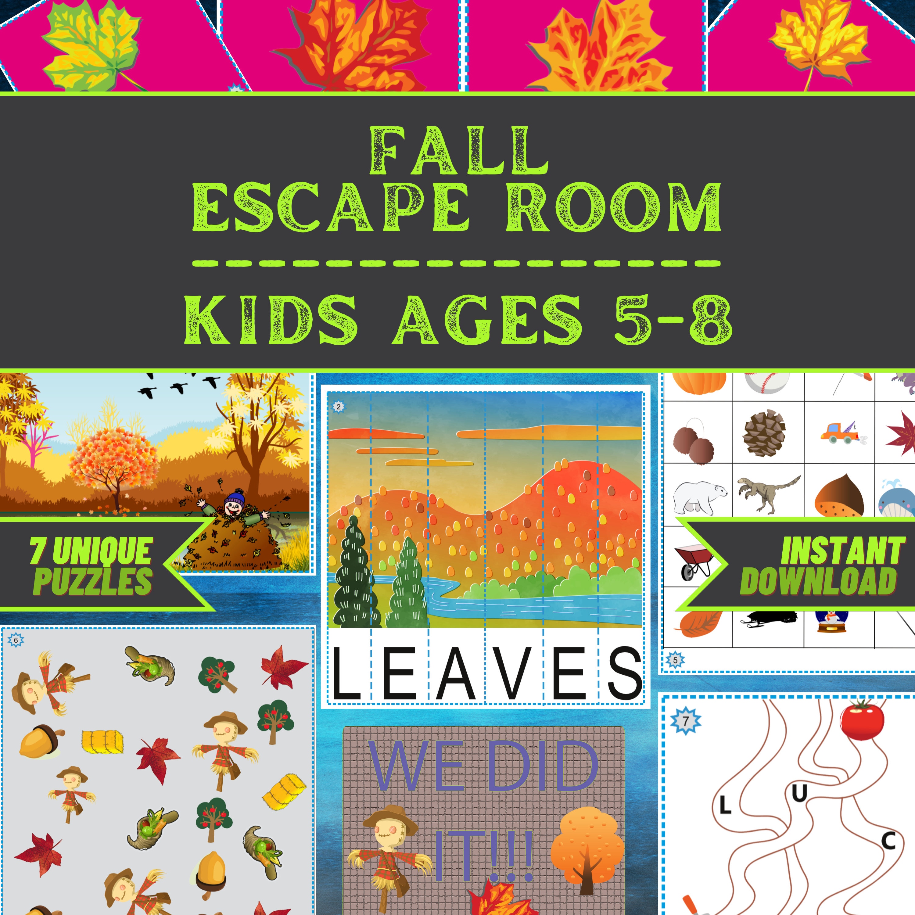 Kids Escape Room Game Printable Kit Spring Escape DIY Party Game for Ages  5-8 Fast and East Setup Kids Puzzles Family Game 