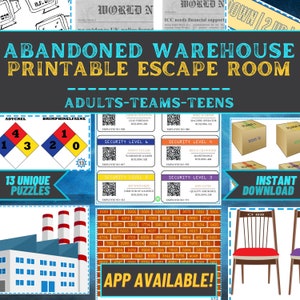 Può includere: Gioco di escape room stampabile con il titolo "Abandoned Warehouse Printable Escape Room" e il sottotitolo "Adulti-Squadre-Ragazzi". Il gioco presenta 13 enigmi unici, carte di livello di sicurezza con codici QR e un'app disponibile per il download. L'immagine include anche un'illustrazione di un magazzino e una sedia.