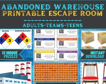Escape Room Game Printable - Abandoned Warehouse - Office Teams, Adults, Teens, Family - DIY Logic Party Puzzle Mystery - Family Game Night