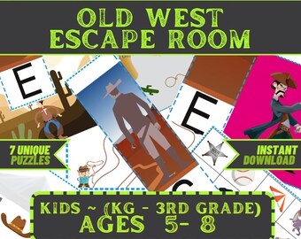 Kit imprimable de jeu d’évasion pour enfants - Old West Escape - Jeu de fête DIY pour les 5 à 8 ans - Installation rapide et est - Puzzles pour enfants - Jeu familial