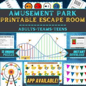 Può includere: Gioco di escape room di parco divertimenti stampabile con 13 puzzle unici. Il gioco include una montagna russa, una ruota panoramica e un gioco di lancio di anelli di anatra. Il testo "ADULTS-TEAMS-TEENS" e "APP AVAILABLE!" è anche incluso.