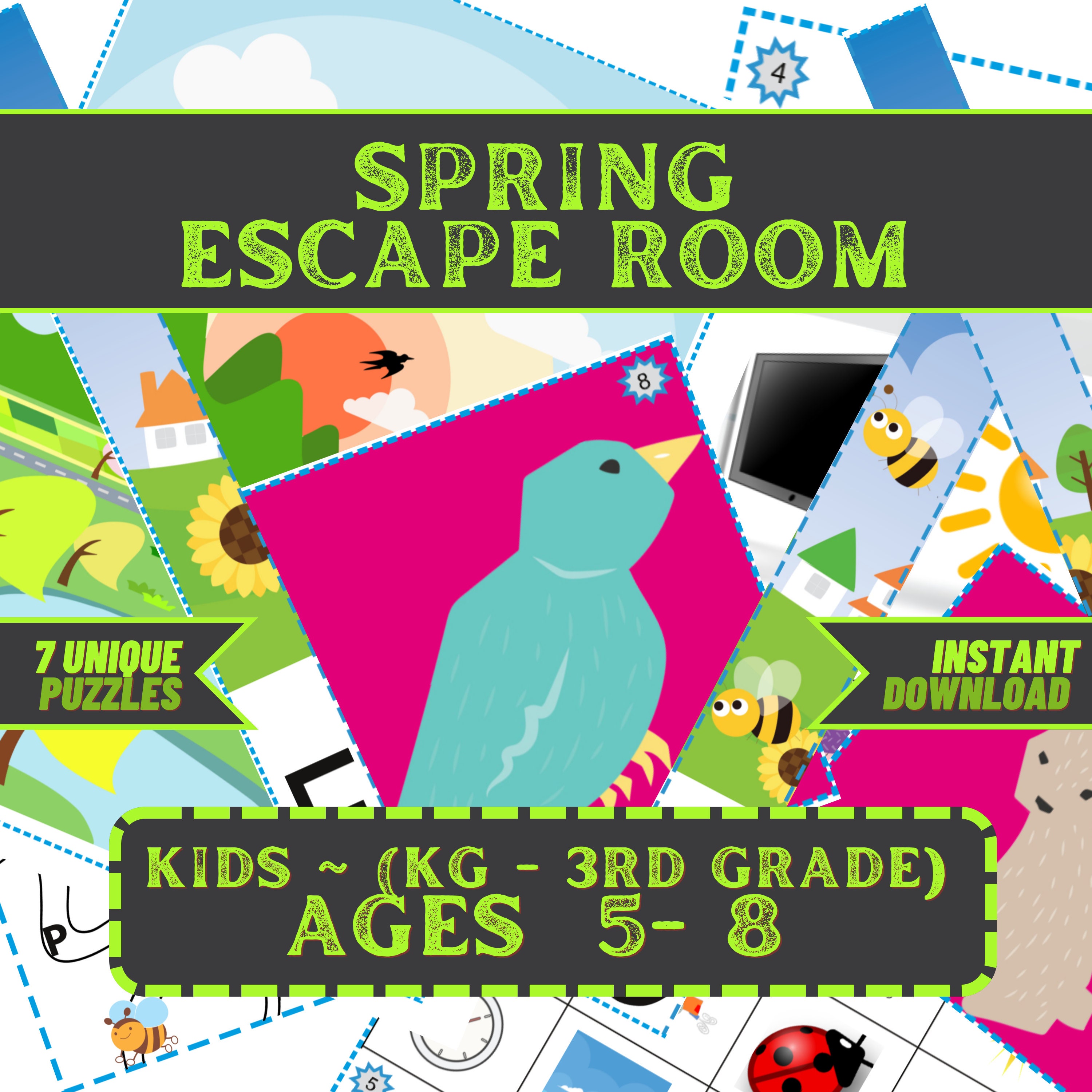 Kids Escape Room Game Printable Kit Spring Escape DIY Party Game for Ages  5-8 Fast and East Setup Kids Puzzles Family Game 