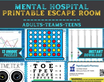 Escape Room Game Printable - Mental Hospital - Office Teams, Adults, Teens, Family - DIY Logic Party Puzzle Mystery - Family Game Night