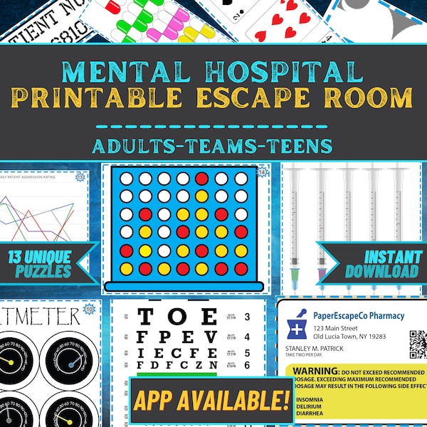 Escape Room Game Printable - Mental Hospital - Office Teams, Adults, Teens, Family - DIY Logic Party Puzzle Mystery - Family Game Night