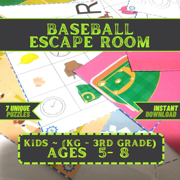 Kids Escape Room Game Printable Kit - Baseball Escape - DIY Party Game for ages 5-8 - Fast and East Setup - Kids Puzzles - Family Game