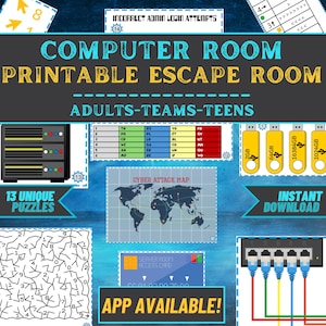 Può includere: Un gioco di escape room digitale intitolato "Computer Room Printable Escape Room" per adulti, squadre e adolescenti. L'immagine include enigmi, una mappa di attacco informatico, unità USB e cavi di rete. Il gioco è disponibile per il download immediato.