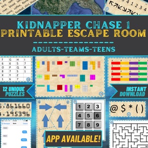 Può includere: Gioco di escape room stampabile con il titolo "Kidnapper Chase 1". Il gioco è progettato per adulti, squadre e adolescenti. L'immagine mostra una varietà di puzzle, tra cui una griglia con lettere, una griglia di numeri, un labirinto e una griglia codificata a colori. Il testo "Download immediato" e "App disponibile!" è anche visibile.