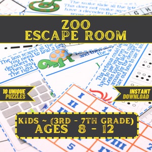 Kids Escape Room Game Printable - Zoo Escape - DIY Party Game for ages 8-12 (Third, Fourth, Fifth, Sixth, Seventh Grade) - Family Game