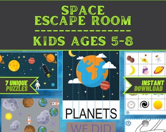 May include: A colorful printable space-themed escape room activity for kids ages 5-8. The image shows a variety of puzzles, including a maze, a word search, and a hidden picture game. The text "7 Unique Puzzles" and "Instant Download" are also visible.