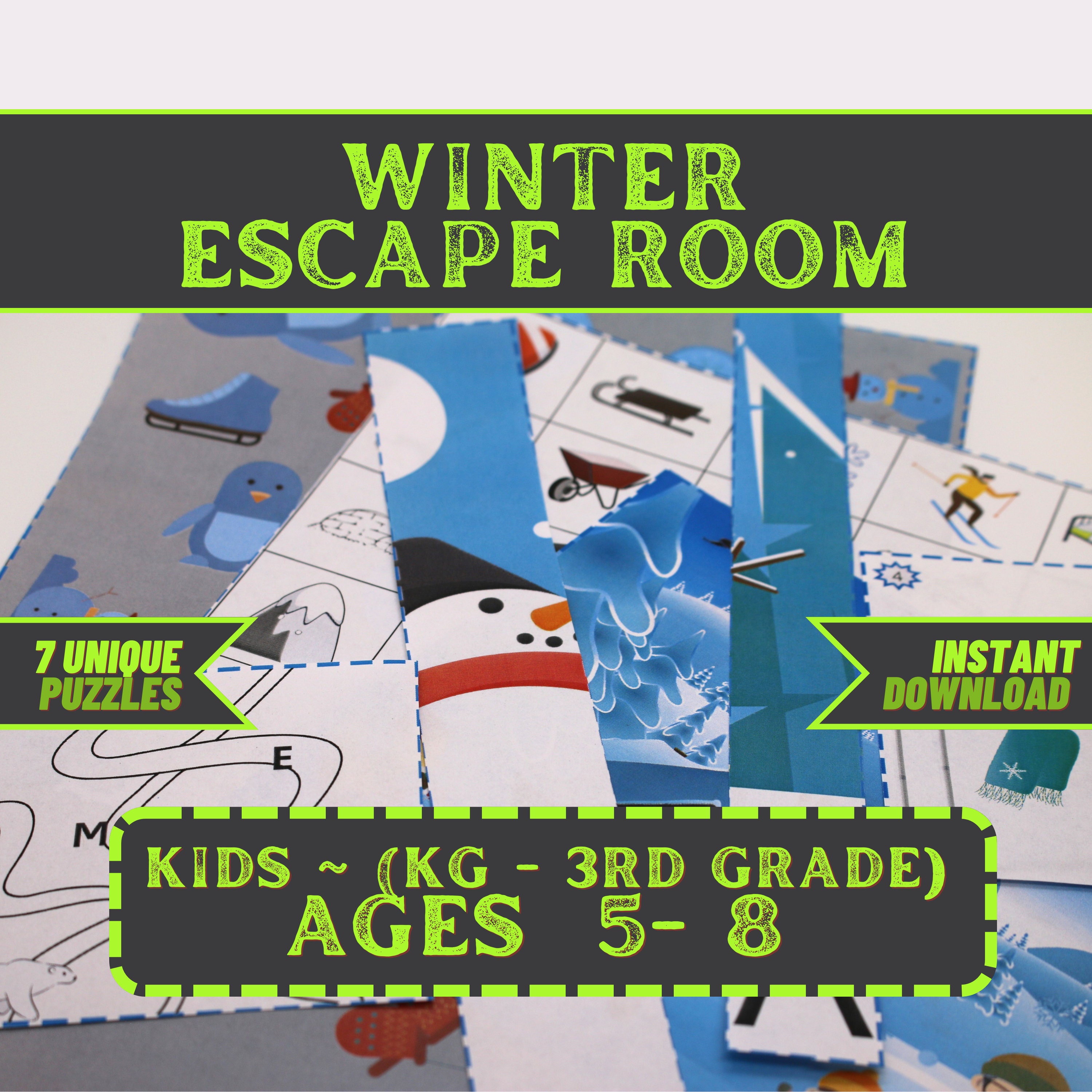 Kids Escape Room Game Printable Kit Winter Escape DIY Party Game for Ages  5-8 Fast and East Setup Kids Puzzles Family Game 