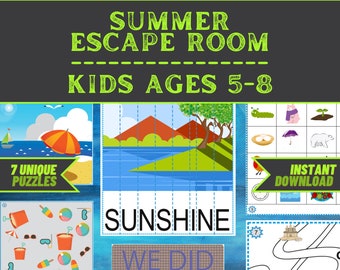 Kit imprimable de jeu d’évasion pour enfants - Summer Escape - Jeu de fête DIY pour les 5 à 8 ans - Installation rapide et est - Puzzles pour enfants - Jeu familial