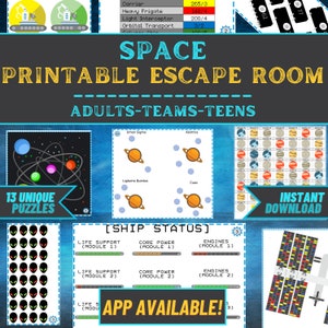 Può includere: Un gioco di escape room stampabile a tema esplorazione spaziale. Il gioco presenta 13 puzzle unici e un'app da utilizzare con il gioco. Il gioco è adatto a adulti, squadre e adolescenti.