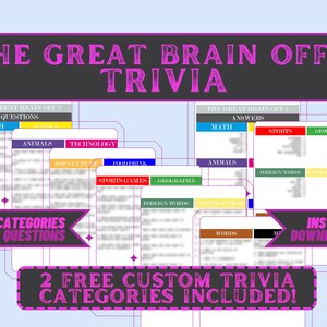 以下が含まれることがあります： ピンクの文字で「The Great Brain Off 2 Trivia」と書かれたカラフルなグラフィック。グラフィックには、数学、科学、動物、テクノロジー、ポップカルチャー、食べ物と飲み物、スポーツゲーム、地理、外国語、単語など、12種類のトリビアの質問カテゴリが掲載されています。グラフィックには、「12カテゴリ 98質問」と「2つの無料のカスタムトリビアカテゴリが含まれています！」というテキストも含まれています。