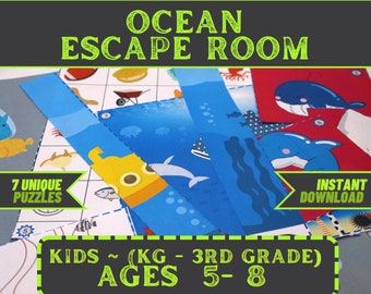 May include: Ocean Escape Room printable game for kids in kindergarten through 3rd grade, ages 5-8. The game features 7 unique puzzles with an ocean theme. The image shows a variety of colorful puzzle pieces and a title card with the text "Ocean Escape Room".