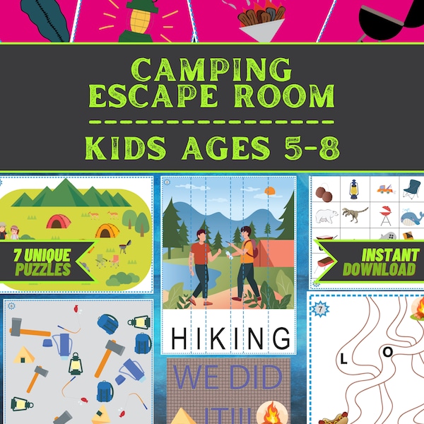 Kids Escape Room Game Printable Kit - Camping Escape - DIY Party Game for ages 5-8 - Fast and East Setup - Kids Puzzles - Family Game