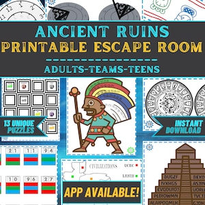Op de afbeelding: Een printbaar escape room-spel met als thema oude ruïnes. Het spel bevat 13 unieke puzzels, waaronder een kalender, een kaart en een codekraak-uitdaging. Het spel is geschikt voor volwassenen, teams en tieners. De tekst "Ancient Ruins Printable Escape Room" en "Adults-Teams-Teens" wordt weergegeven op de afbeelding. De afbeelding bevat ook de tekst "13 Unique Puzzles" en "Direct downloaden".