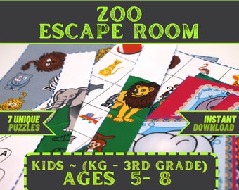 May include: A colorful printable escape room game for kids in kindergarten through 3rd grade, ages 5-8. The game features a zoo theme with 7 unique puzzles. The text "ZOO ESCAPE ROOM" is in green letters on a black background. The text "7 UNIQUE PUZZLES" is in white letters on a green background. The text "INSTANT DOWNLOAD" is in white letters on a green background. The text "KIDS ~ (KG - 3RD GRADE) AGES 5-8" is in white letters on a black background.
