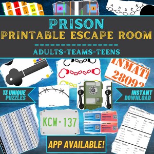 Può includere: Un gioco di escape room stampabile a tema carcerario. L'immagine mostra un collage di diversi elementi di puzzle, tra cui una chiave, manette, un telefono, una carta d'identità del carcere e un cruciverba. Il testo "PRISON PRINTABLE ESCAPE ROOM" è in alto nell'immagine, e il testo "ADULTS-TEAMS-TEENS" è sotto. Il testo "13 UNIQUE PUZZLES" è nell'angolo in basso a sinistra dell'immagine, e il testo "INSTANT DOWNLOAD" è nell'angolo in basso a destra dell'immagine. Il testo "APP AVAILABLE!" è in basso nell'immagine.