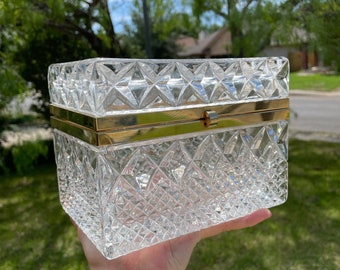 Vintage Solid Crystal and Brass Jewelry Casket