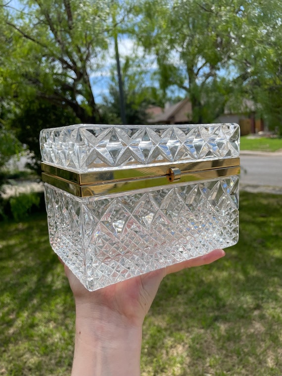 Vintage Solid Crystal and Brass Jewelry Casket
