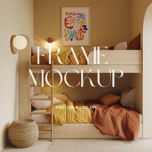 May include: A wooden bunk bed with a yellow and orange blanket, a brown throw blanket, and a patterned pillow. The bed is in a room with a light brown wall and a white ceiling. There is a framed abstract art print on the wall above the bed.