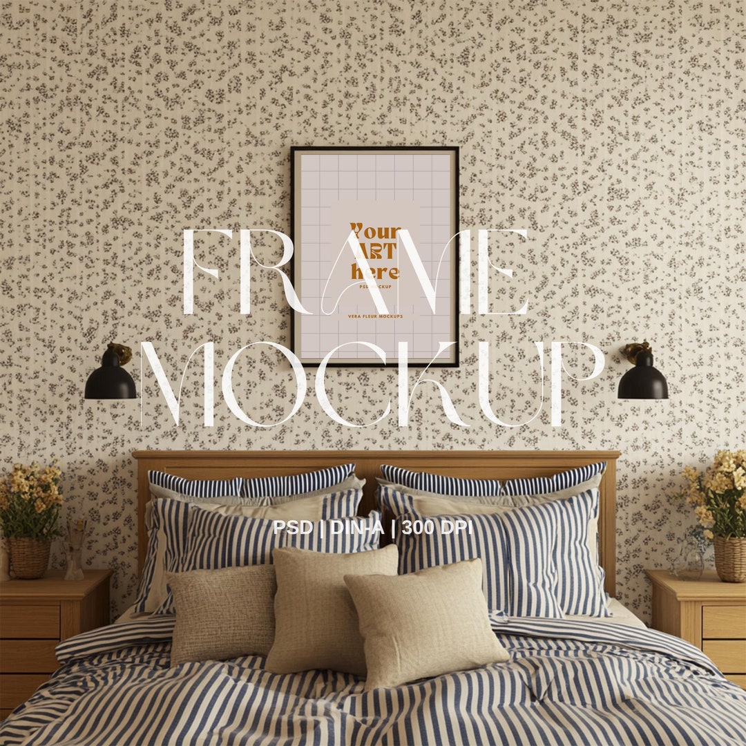 Cottagecore Black Frame Bedroom Mockup PSD Vintage Floral Art Print ...