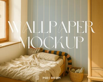 Mockup di carta da parati per cameretta dei bambini / Download digitale PSD / Accogliente scena neutra per camera da letto per la visualizzazione di stampe e motivi