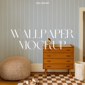 May include: A room mockup featuring a light blue striped wallpaper, a wooden dresser, a brown fuzzy ottoman, and a checkered rug. The text "WALLPAPER MOCKUP" is displayed in white. A small teddy bear and a basket are also visible.