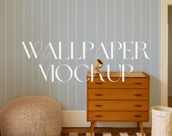 Mockup kinderkamerbehang | PSD halverwege de eeuw modern met ladekast en teddy | Digitale muur kinderkamer