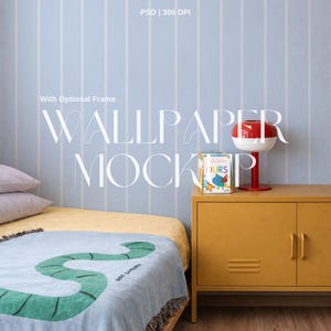 May include: A bedroom scene featuring a light blue striped wallpaper. A mustard yellow cabinet holds a red and white lamp and a book. A bed with a yellow blanket and a blue blanket with a green design is in the foreground. The text "WALLPAPER MOCKUP" is visible.