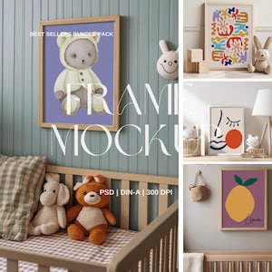 4x Best sellers Paquete de habitación infantil Maqueta de marco PSD - Maqueta de impresión artística para niños, A3 DIN-A, 300 DPI Exhibición de pared para bebés para artistas