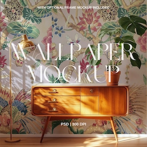 May include: A mid-century modern wooden cabinet with drawers and a white top, a gold floor lamp, and a potted plant. The background features a colorful floral wallpaper. The text "WALLPAPER MOCKUP" is overlaid on the image.